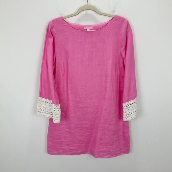 Lilly Pulitzer Tops - Lilly Pulitzer Linen Tunic Pink Lace Vacation Resort Beach Long Sleeve Medium